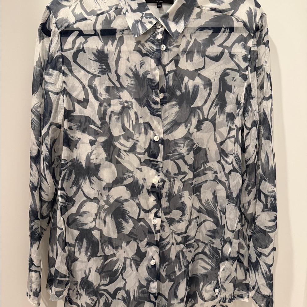 Lafayette 148 New York Black and White Floral Button-Down Shirt sheer